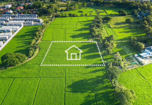 Land or landscape of green field in aerial view or bird eye view. Include agriculture farm, icon of residential, home or house building and land plot. That real estate or property for dream concept to build, construction, owned, sale, rent, buy, purchase, mortgage and investment in Chiang Mai of Thailand.